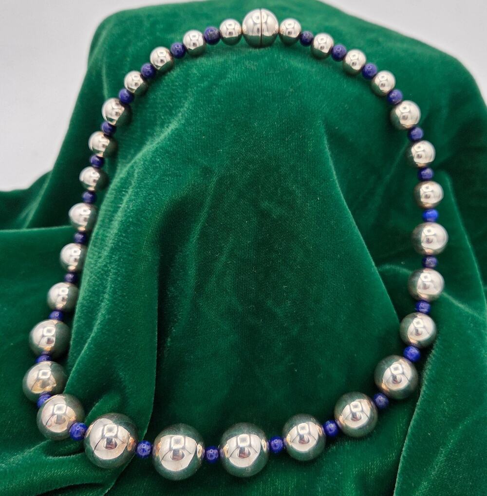 MILOR ITALY 925 Sterling Silver Graduated Ball & Lapis Lazuli Choker Necklace